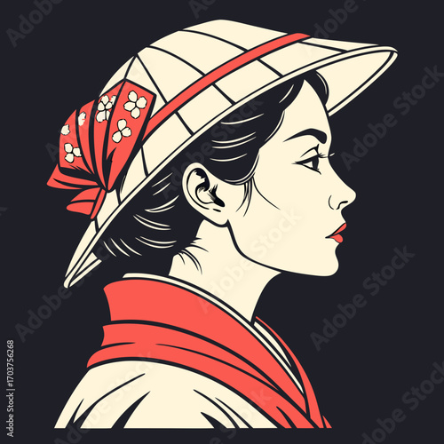 Elegant profile portrait of an Asian woman in a traditional conical hat and scarf, rendered in a modern graphic art style