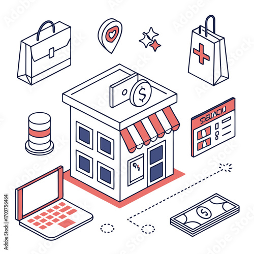 Isometric illustration set of modern e-commerce and business icons, representing online shopping, digital storefronts, and financial transactions