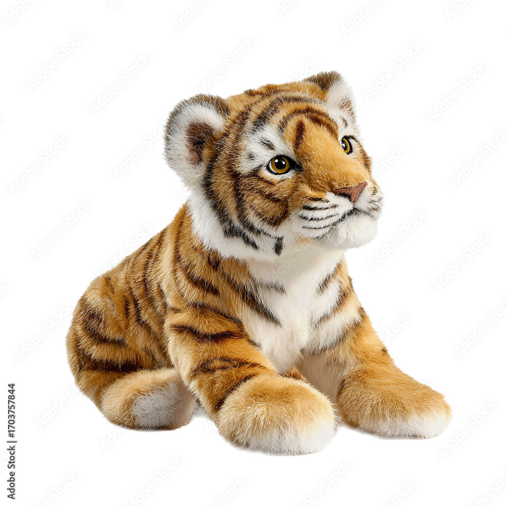 Obraz premium Tiger cub figurine styled like a plush toy, seated with tilted head, amber and sienna striped coat, shiny hazel eyes, isolated on transparent background. 