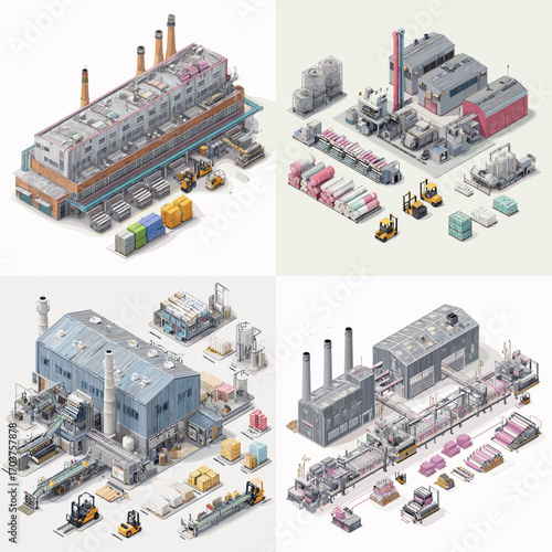 Isometric illustration of industrial factory plants with machinery, chimneys, and warehouses, suitable for production, energy, economy, and engineering design projects.