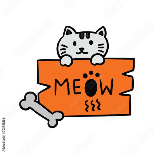 Hand drawn halloween cat holding meow sign filled outline style vector illustration
