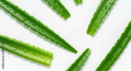 Aloe vera leaves, bright green, water droplets,  on white background