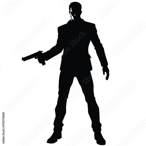 Silhouette of Man in Suit Holding Gun, Illustration Isolated