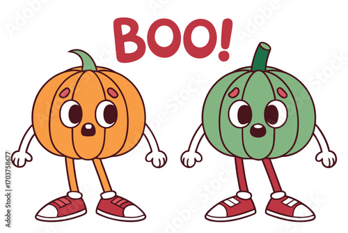 Vector art of two cute cartoon pumpkins, one orange and one green, standing and saying boo