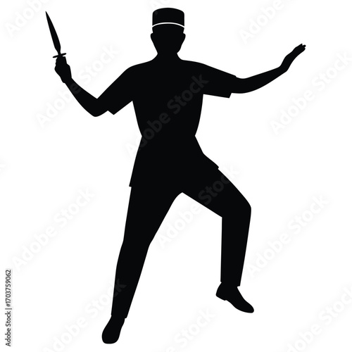 Silhouette of Person Holding Dagger with Arms Raised in Exaggerated Gesture