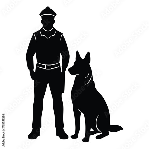 Silhouette of Policeman in Uniform Standing with Alert German Shepherd Dog