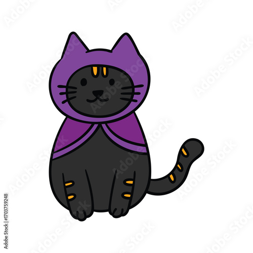 Hand drawn halloween cat wearing witch cloak element filled outline style vector illustration