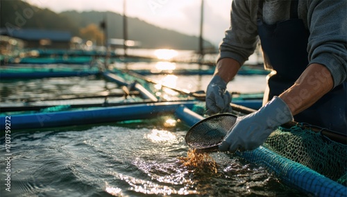 Fisherman tending fish farm nets in sunlight