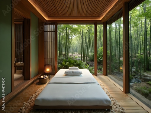 Workplace wellness retreat spa treatment pavilion in bamboo forest, resort hotel