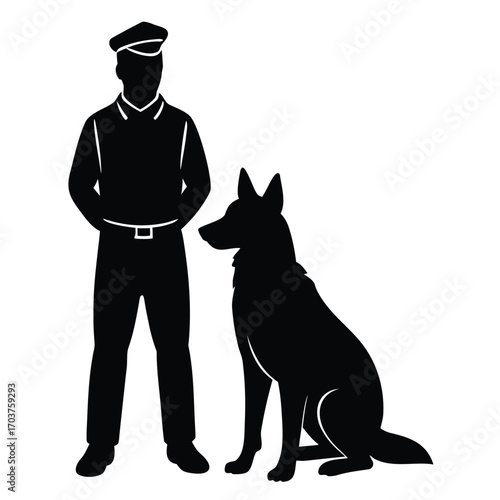 Silhouette of Policeman Standing Next to Seated German Shepherd Dog Illustration