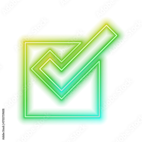 Blue glass check mark icon.neon style. 3D vector illustration isolated on white background. For graphic design, UI UX design.