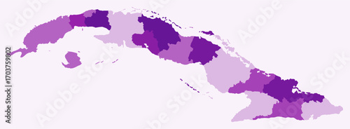 Map of Cuba with regions. Just a simple country border map with region division. Purple color palette. Plain Republic of Cuba shape with administrative division. Vector illustration.
