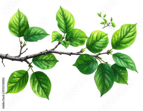 Close-up of a branch with vibrant green leaves.  A detailed illustration of a twig with several  leaves, showcasing  textures and veining