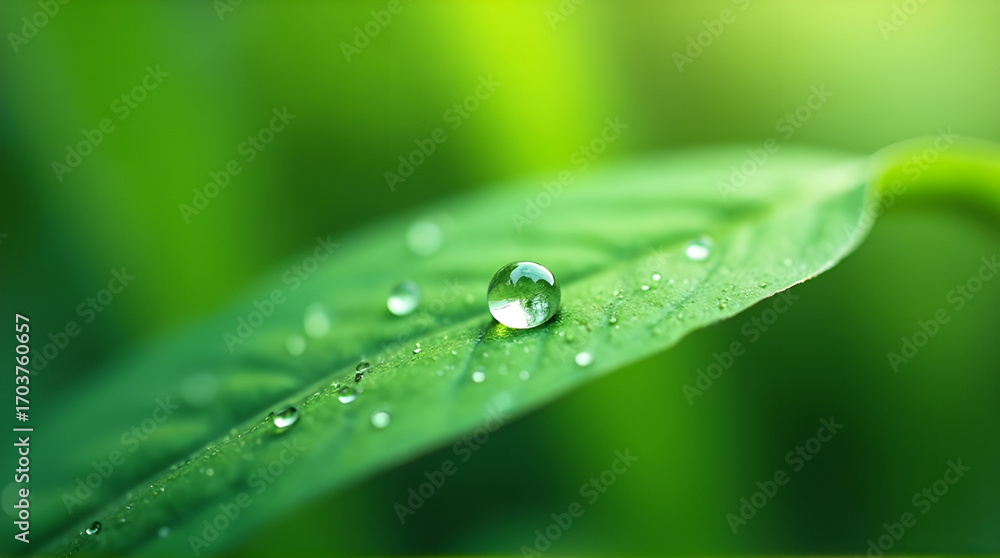 Fototapeta premium Close up of water droplets on a green leaf in a blurred setting
