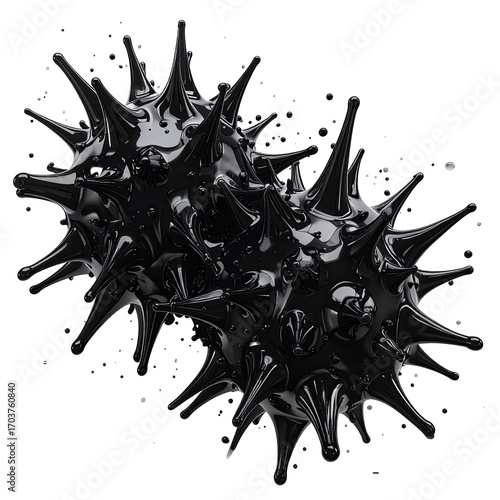 Abstract, black, spiky, organic shapes, on a dark background.  Complex, fluid forms with numerous sharp protrusions.  Light suggests a 3D rendering or digital art style