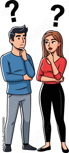 Isolated a Heterosexuals' couple thinking about love life, sexuality or relationship problem on isolated background. Modern flat cartoon characters illustration of man and woman with question mark. ve