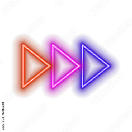 Neon arrow. Realistic glowing tablet. Glossy arrow pointers icon. Colorful neon banner. Bright advertising at night. Vector illustration.
