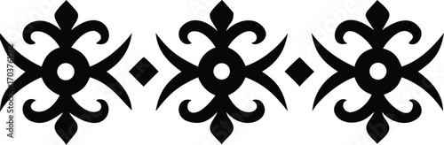 Three Black Floral Ornamental Designs with Diamond Separators on a White Background