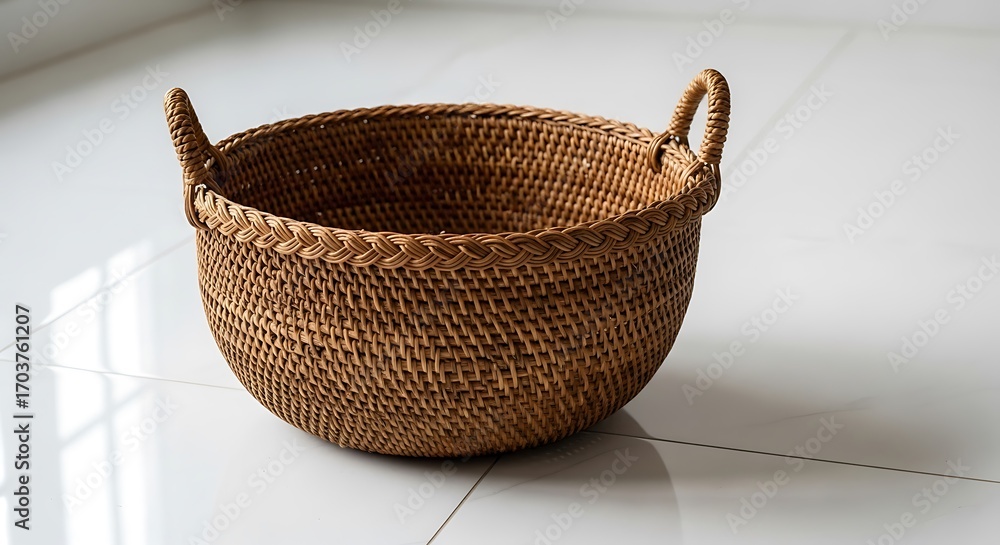 Fototapeta premium Woven storage basket on a white tile surface casting delicate shadows
