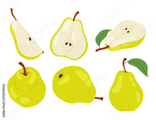 Set of flat illustrations of ripe pear. Sliced and whole pear on white background. Fruit. Healthy fruit snack.