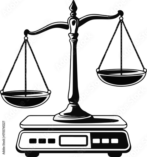 Isolated a kinds of deferent digital Scales. Bowls of scales in balance, an imbalance of scales. Libra, vector illustration. Line design vector art with white background.