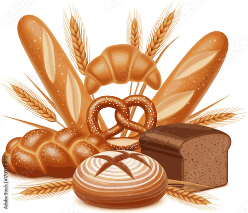 Isolated a kinds of deferent 3D Bread product with wheat ears set vector art with white background.