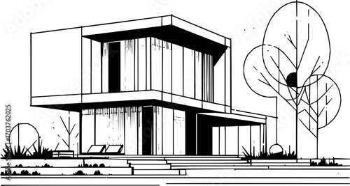 Black and white vector of modern minimalist house, clean geometric design, clear architectural lines, isolated outline drawing, scalable vector art
