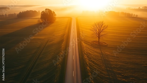 Aerial view of a forked country road in golden light, symbolizing journeys and choices.