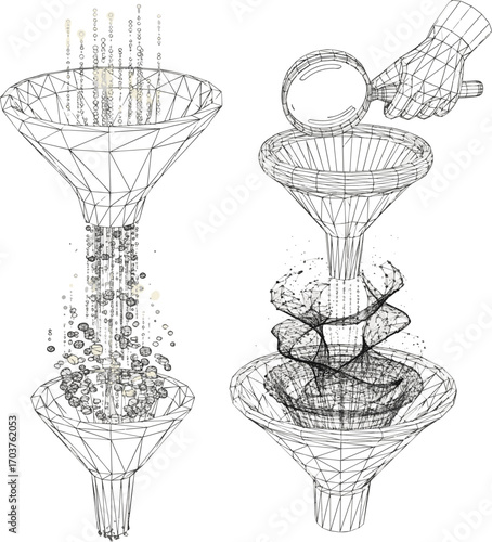 Isolated a kinds of deferent Abstract funnel with data stream and hand with magnifying on dark blue background. Digital internet wave or flow. Low poly wireframe vector set art with white background.