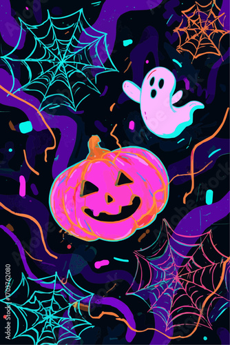 Playful naive cartoon poster with glowing neon pumpkin, digital spiderweb and waving ghost on purple background