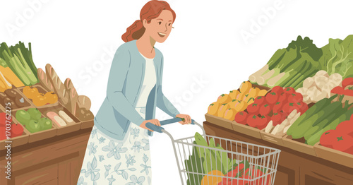  Isolated a kinds of deferent Character Shopping in Vegetable Market. Woman Holding Shopping Trolley, Choosing and Buying Fresh Food Groceries. Local Market Stalls with Natural Products. vector art wi