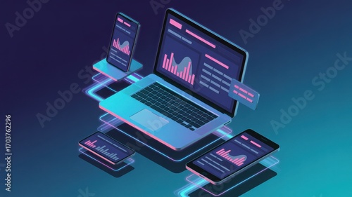 Isometric devices with data charts and neon light on dark background