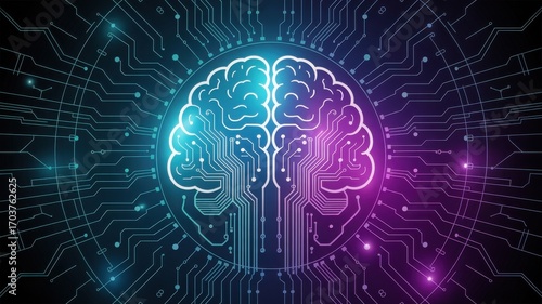 Artificial intelligence brain with circuit board and glowing lines