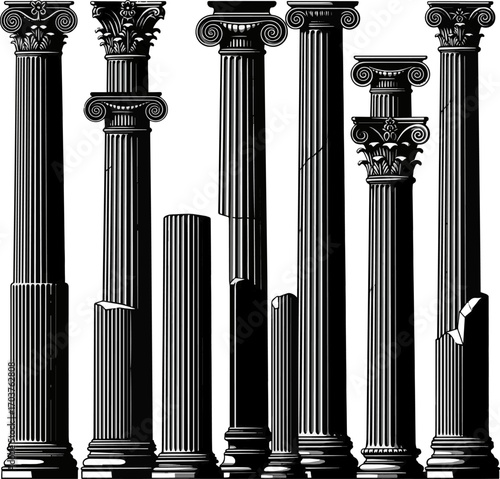  Isolated a kinds of deferent Engraving ancient columns vector art silhouette with white background.