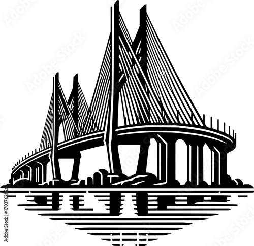 Black and white vector illustration of iconic bridge, clean structural line art, simple geometric architecture, scalable outline design, isolated on white