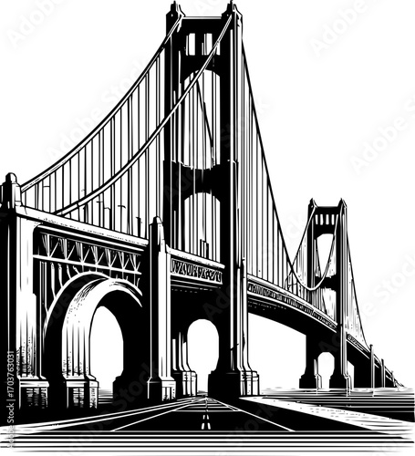 Black and white vector illustration of iconic bridge, clean structural line art, simple geometric architecture, scalable outline design, isolated on white