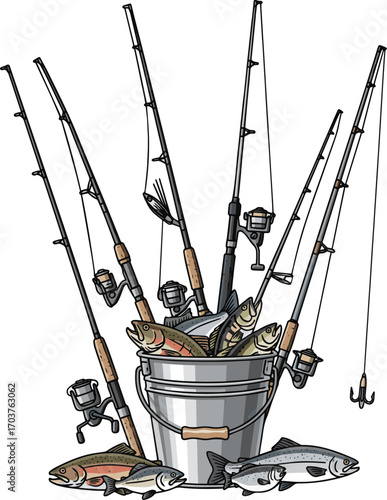  Isolated a kinds of deferent Fishing rod and a bucket of fish vector art with white background.