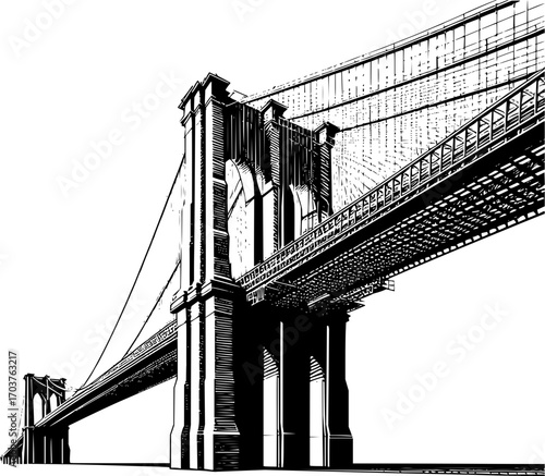 Black and white vector illustration of iconic bridge, clean structural line art, simple geometric architecture, scalable outline design, isolated on white