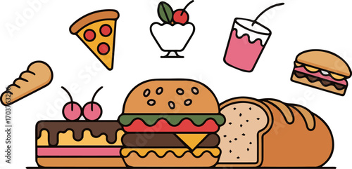 Isolated a kinds of deferent food, bread, cake, hamburger, set, burger, fast, sandwich, sweet, vector, icon, dessert, bakery, pizza vector art with white background.