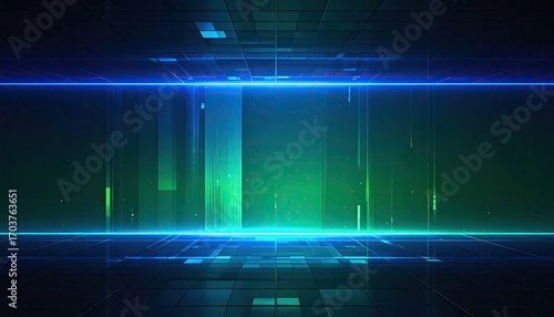 Abstract Dark Blue and Green Tiled Floor and Backgrop with Luminous Blue Horizontal Line and Glowing Beam Of Light