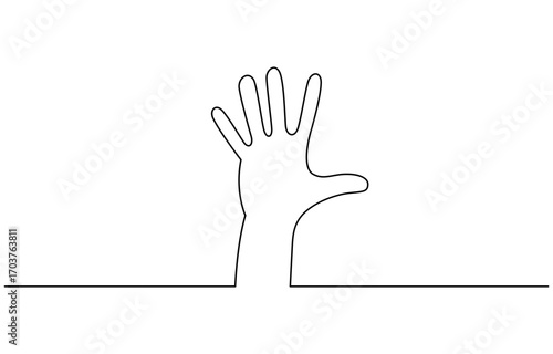 Single line drawn hand gesture, minimalist waving human five fingers arm vector illustration. Editable outline