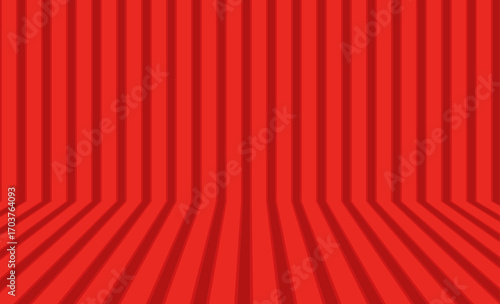 Red vertical and diagonal stripes creating 3D perspective room effect, modern geometric background ideal for stage, presentation, or graphic design.
