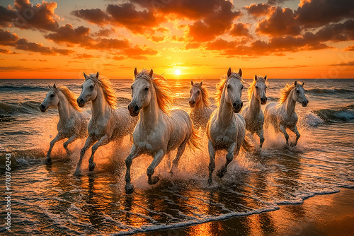 Seven white horses running on the beach at sunset with ocean waves Ai Genreted  image 
