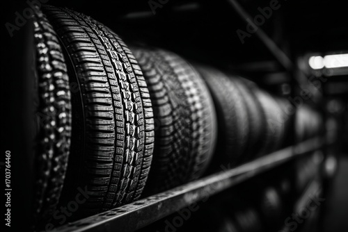 Close-up view of tires on a shelf