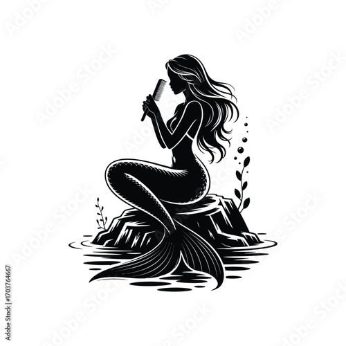 Mermaid Silhouette Illustration Combing Her Hair While Sitting on a Rock in the Ocean
