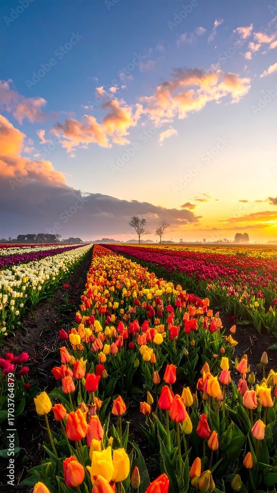 Fototapeta premium Colorful tulip fields at sunrise