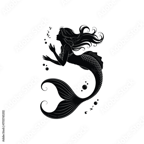 Swimming Mermaid Silhouette Illustration with Bubbles in the Ocean Depths
