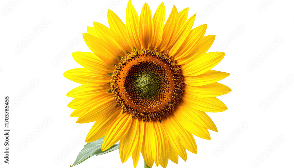Obraz premium Close-up of a vibrant yellow sunflower, petals radiating outward from a dark-brown central disc. A single green leaf is visible