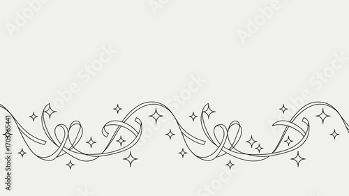 A delicate border of ribbons and stars in black and white on a light beige background design element