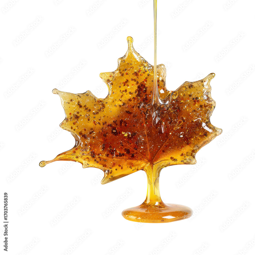 Naklejka premium Maple syrup drizzling over a delicate amber leaf shape in a bright setting during autumn